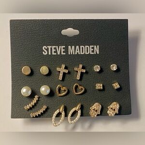 Steve Madden Set of 9 Earrings Studs, NWT, Gold Tone
